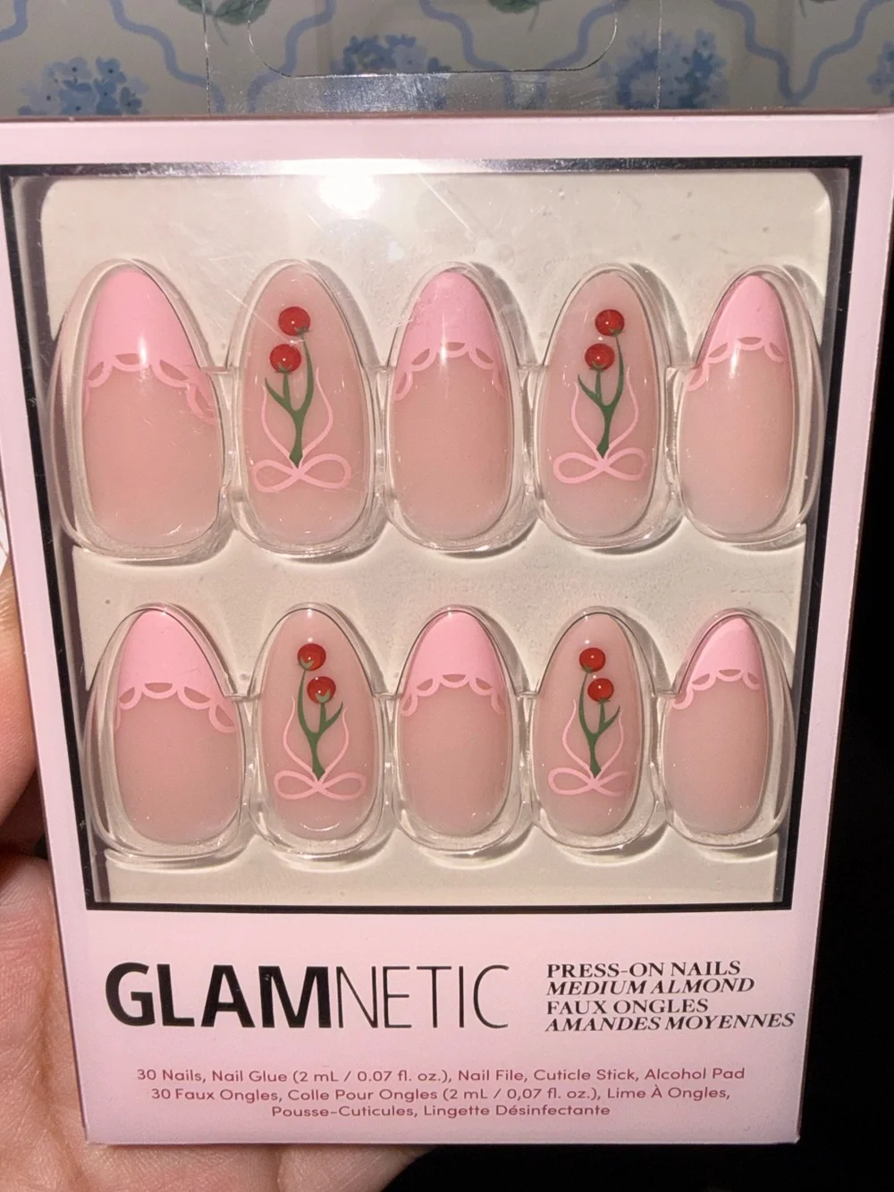 GLAMnetic “Cherry Bow” Pink Cherry Print with Lace French Tip Press-On Nails